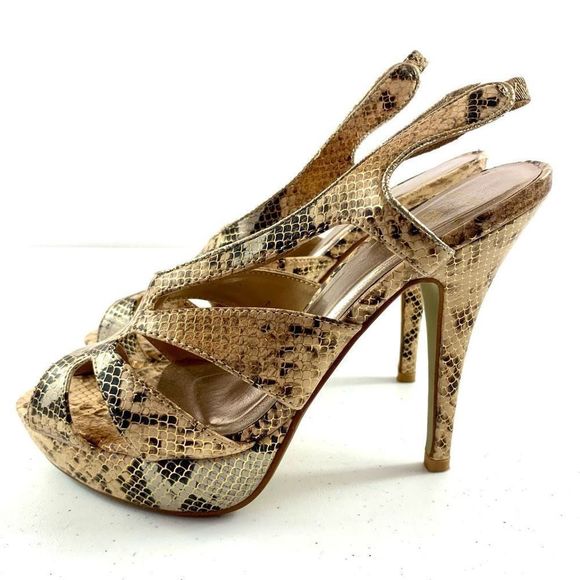 Memorato By CLN Women’s Sz 37 Brown Faux Snake Skin Open Toe Slingback Heels - Picture 6 of 10